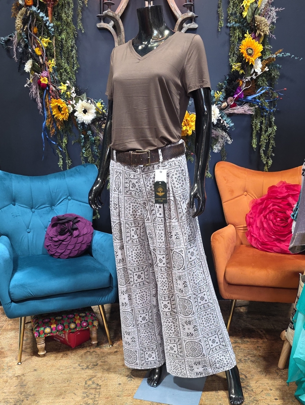 Miss Me Cream Pattern Wide-Leg Soft Corduroy Pants